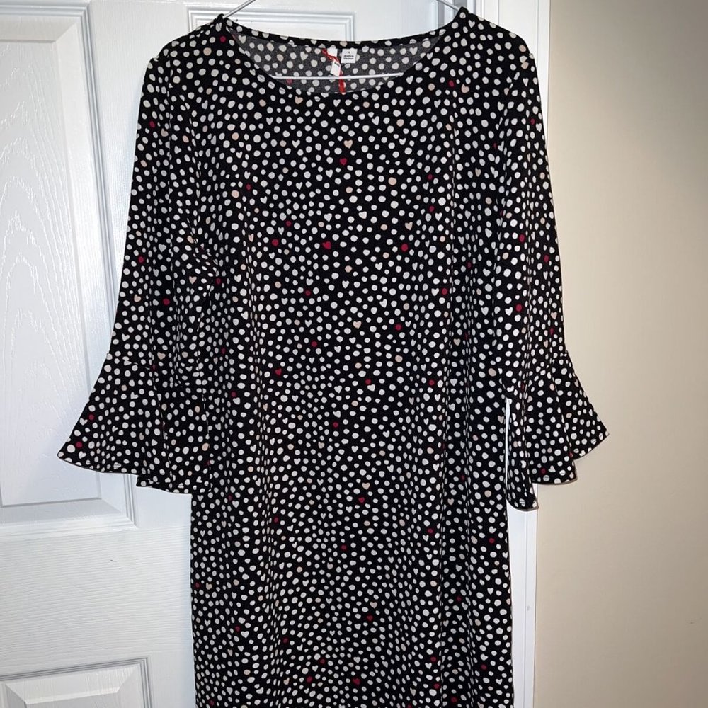 DRESS - 3/4 Sleeve - Elle - Black White Dots/Hearts - Knee - Large - NWT